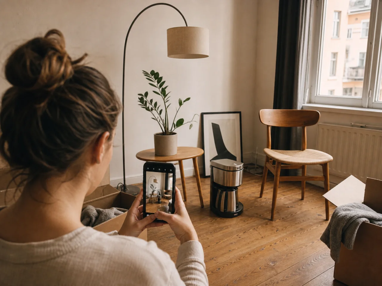 A person photographing several household items while clearing a Berlin apartment