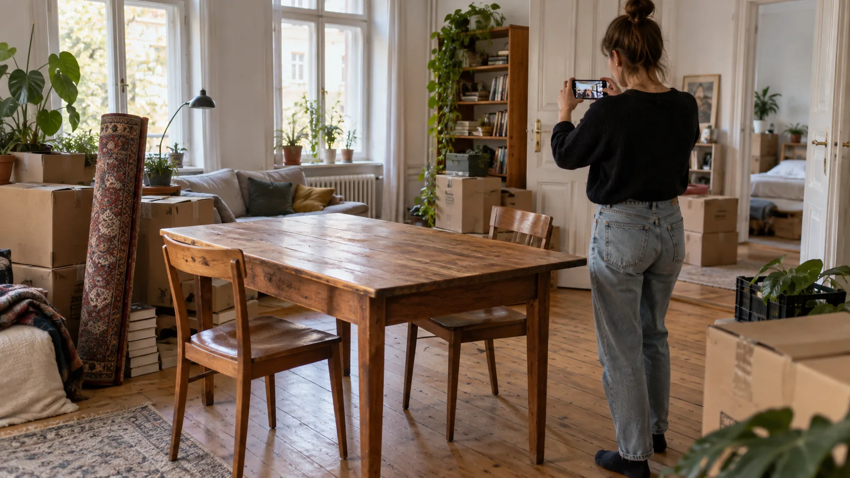 A person photographing a wooden table and chairs while packing up a Berlin apartment