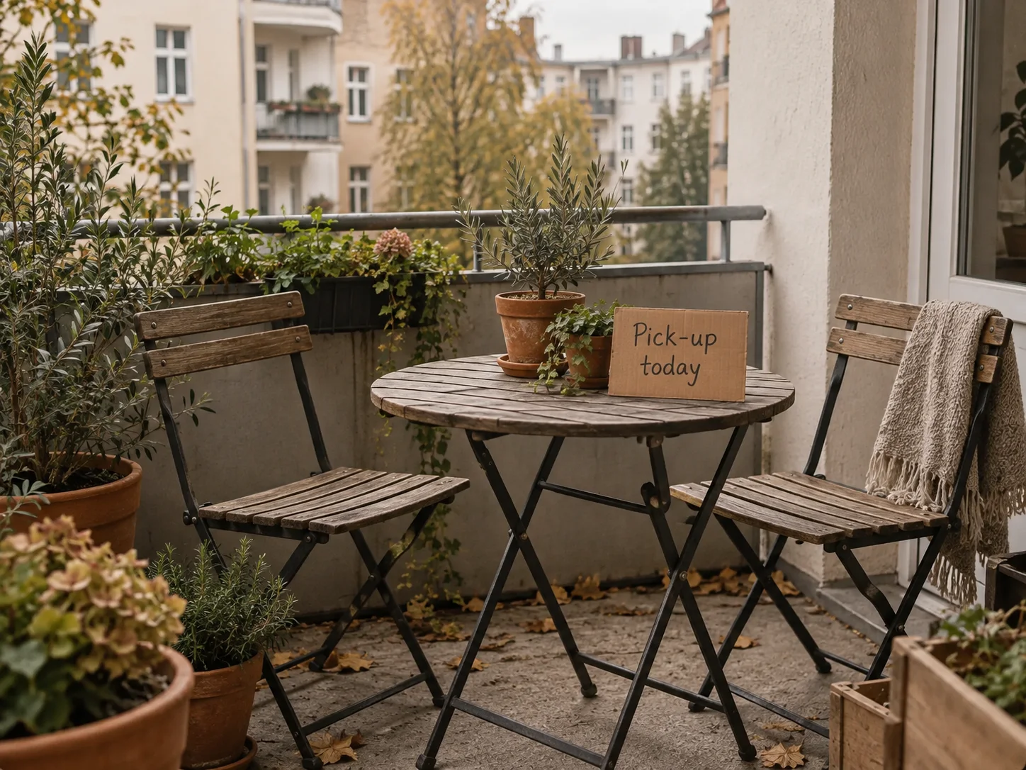 Outdoor table and folding chairs ready for local pickup on a Berlin balcony