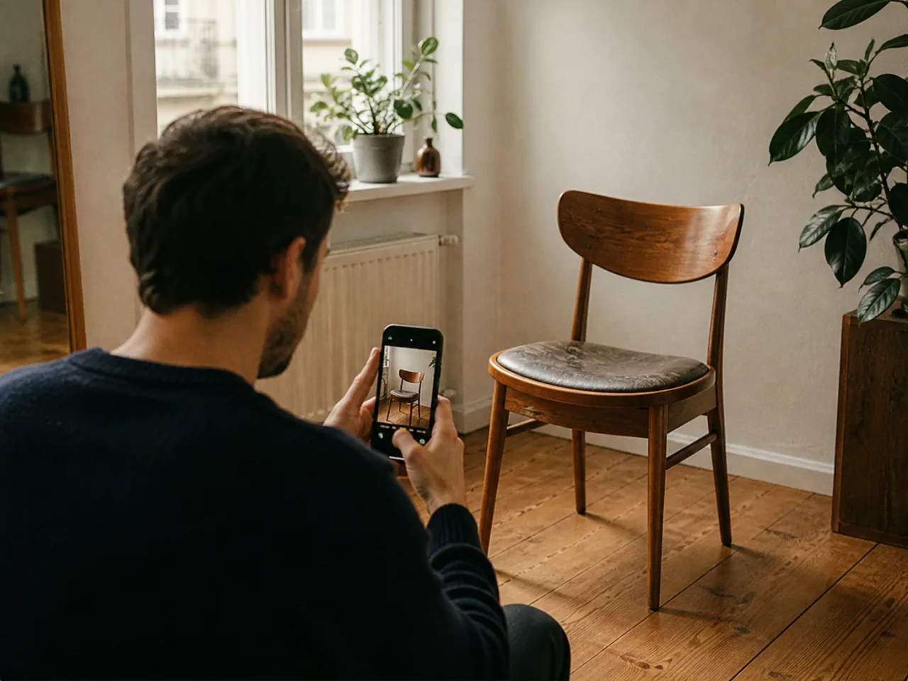 A person photographing one vintage chair for an individual listing